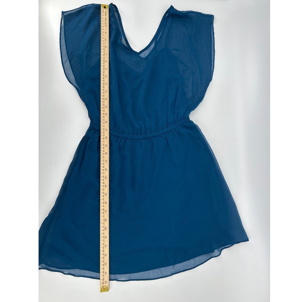 Express Teal Blue Chiffon Flutter Sleeve Elastic Waist V-Neck Mini Dress Medium‎ - Picture 7 of 8